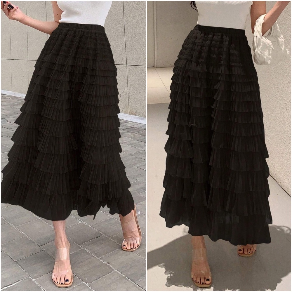 Luxe Mesh Layered Evening Flowy Maxi Skirt - Picture 8 of 13